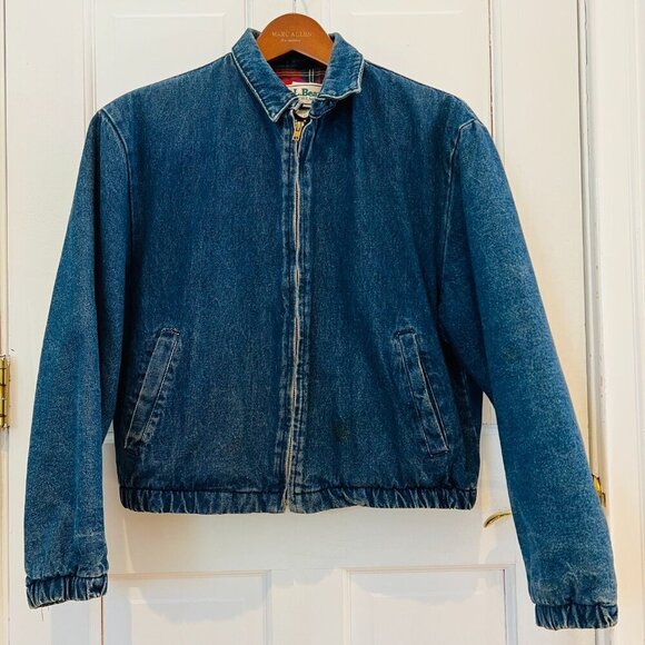 LL BEAN Insulated Flannel Lined Barn Chore Denim Harrington Jacket Coat VTG 80s - Picture 10 of 16